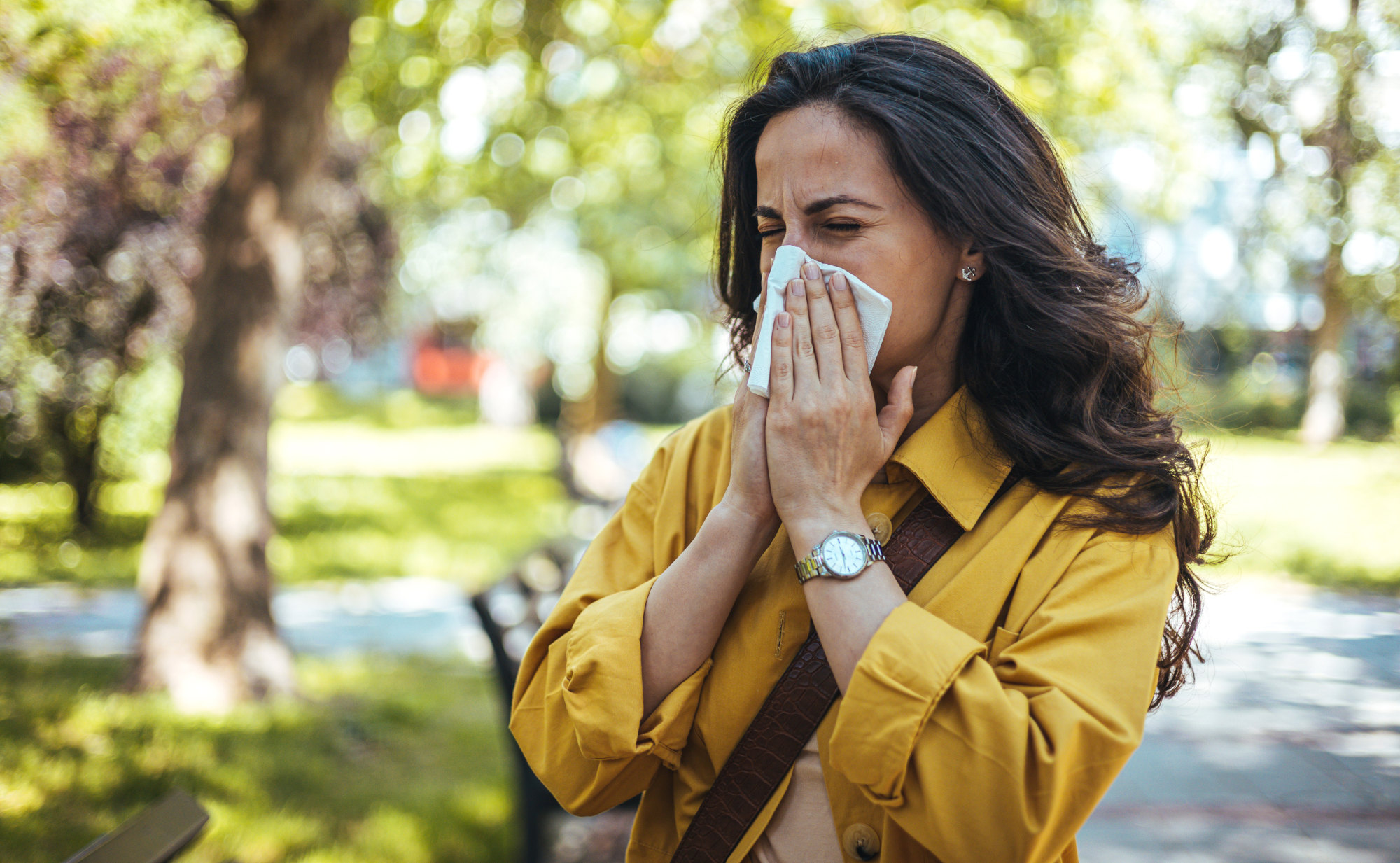 Eine Frau mit langen, dunklen Haaren niestoder putzt sich die Nase mit einem Taschentuch in einem sonnigen Park. Sybolfoto für Allergien im Zusammenhang mit dem Immunsystem.