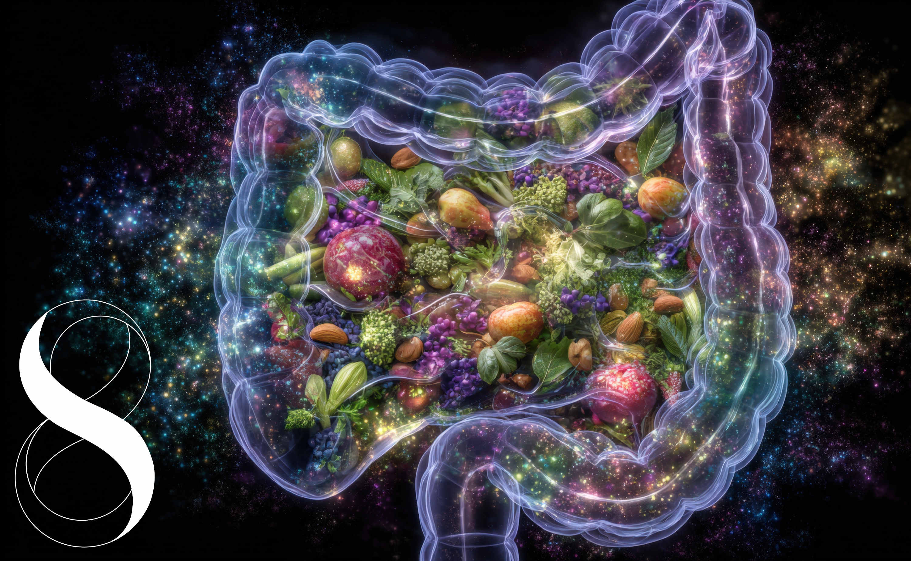Holografische, leuchtende Darstellung eines menschlichen Dickdarms vor einem dunklen, sternenartigen Hintergrund. Das Innere des Darms ist mit einer bunten Vielfalt an unverarbeiteten Lebensmitteln wie Obst, Gemüse, Nüssen und Kräutern gefüllt, um die Aufnahme von Nährstoffen zu symbolisieren. Auf der linken Bildseite ist das 8E-Logo von Life Light zu sehen.