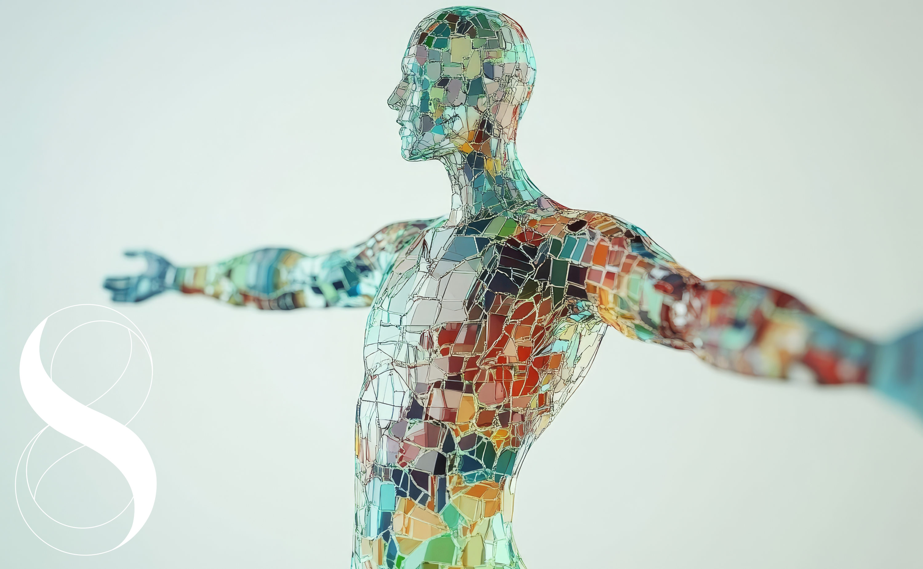 Glasfigur eines Mannes in bunter Mosaik-Optik mit ausgestreckten Armen vor hellem Hintergrund, links unten eine weiße Ziffer 8. Ein Symbolbild für das 8 Elements Gesundheitskonzept von LIFE LIGHT.