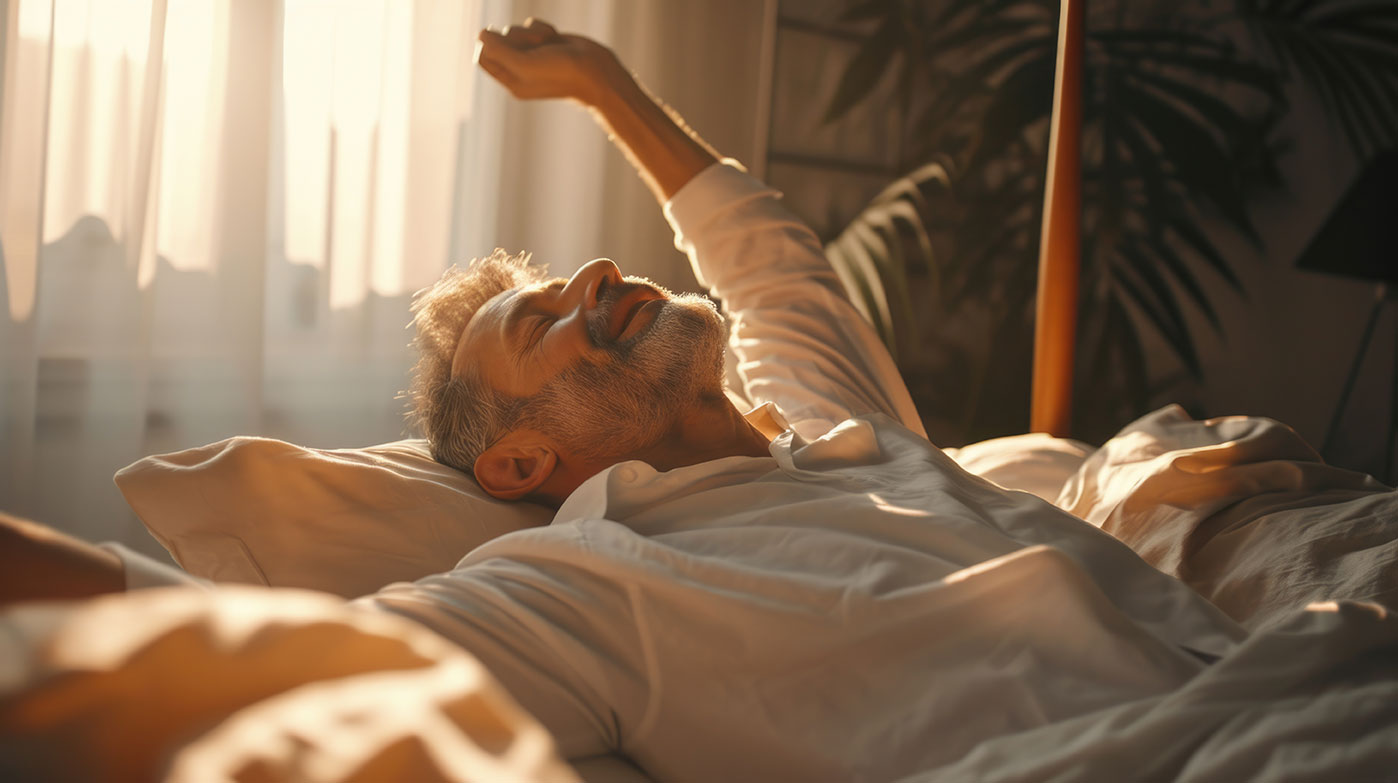 Ein Mann mit Bart wacht im Bett auf und streckt die Arme nach oben, während das Sonnenlicht durch das Fenster fällt.