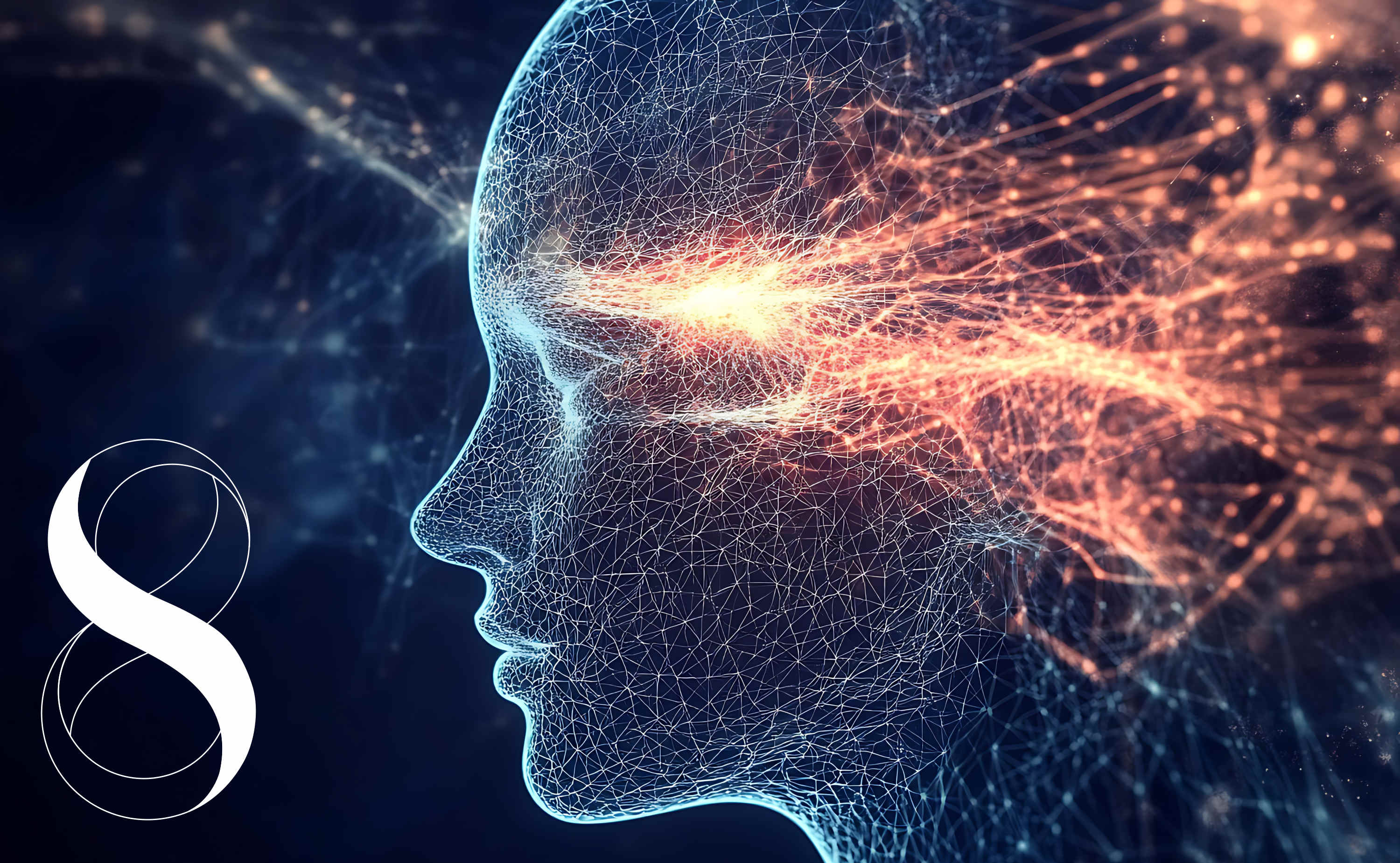 Ein menschlicher Kopf im Wireframe-Stil, der ein vernetztes Gehirn mit leuchtenden Nervenbahnen und Datenflüssen darstellt, assoziiert mit Omega-3, Algenöl und Gehirnfunktion. Links unten ist das 8 ELEMENTS HEALTH CONCEPT-Logo von LIFE LIGHT in weiß.