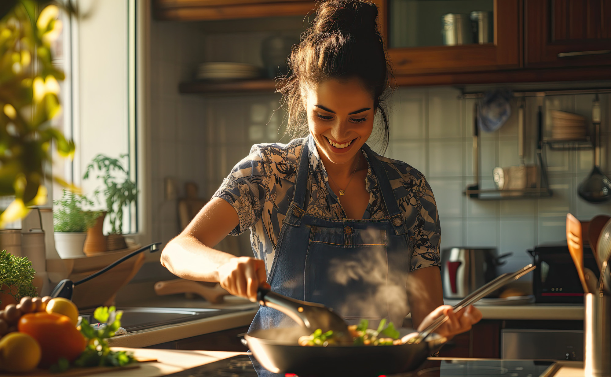 Rezeptideen für ein gesundes Immunsystem Eine Frau mit Dutt und Schürze lächelt, während sie in einer Pfanne am Herd kocht und Dampf aufsteigt.
