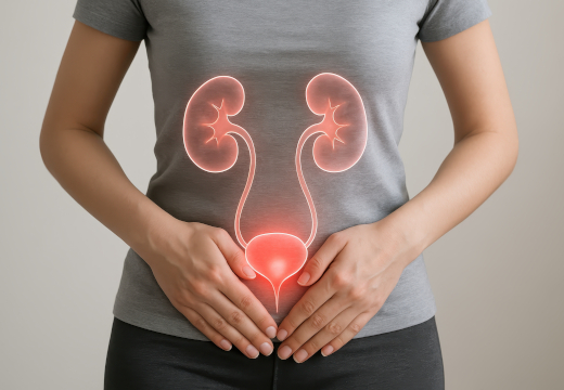 Eine Frau hält die Hände vor dem Unterbauch, mit leuchtend-roter Darstellung von Nieren und Blase. Ein Symbolfoto von LIFE LIGHT für gesunde Blase und Nieren.