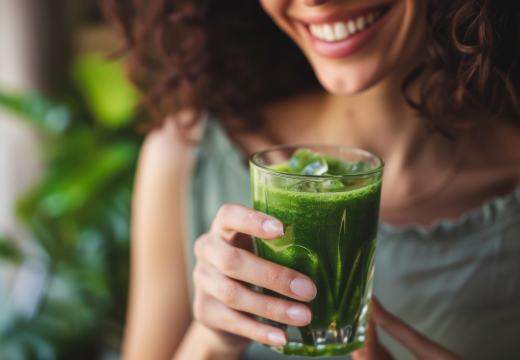 Nahaufnahme einer lächelnden Frau, die ein Glas mit einem hellgrünen Smoothie und Eiswürfeln in den Händen hält. Ein Symbolfoto von LIFE LIGHT für Entgiftung und Entsäuerung.