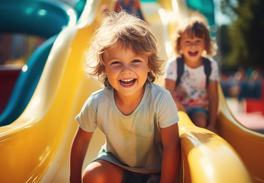 Zwei fröhlich lachende Kinder beim Spielen auf einer gelben Rutsche im Freien an einem sonnigen Tag.