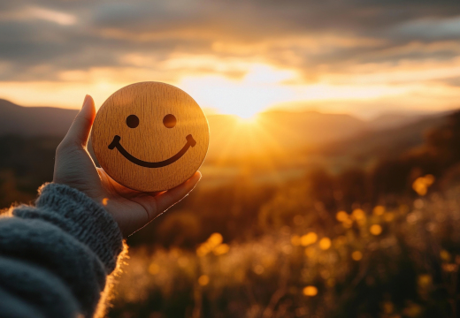Eine Hand hält ein hölzernes Smiley-Gesicht vor einer malerischen Berglandschaft bei Sonnenuntergang. Ein Symbolfoto von LIFE LIGHT für ruhige Nerven und eine ausgeglichene Psyche.